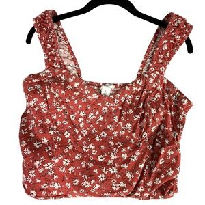 Smocked Floral Crop Top Tank Red White Size L Lined Coquette Girl Milkmaid